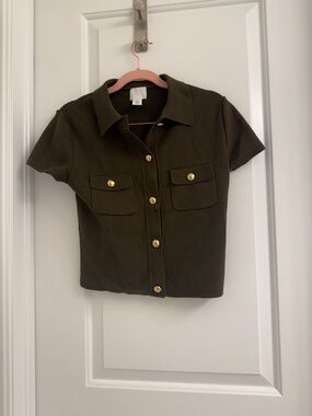 Dark Olive Button-Front Short Sleeve Top
